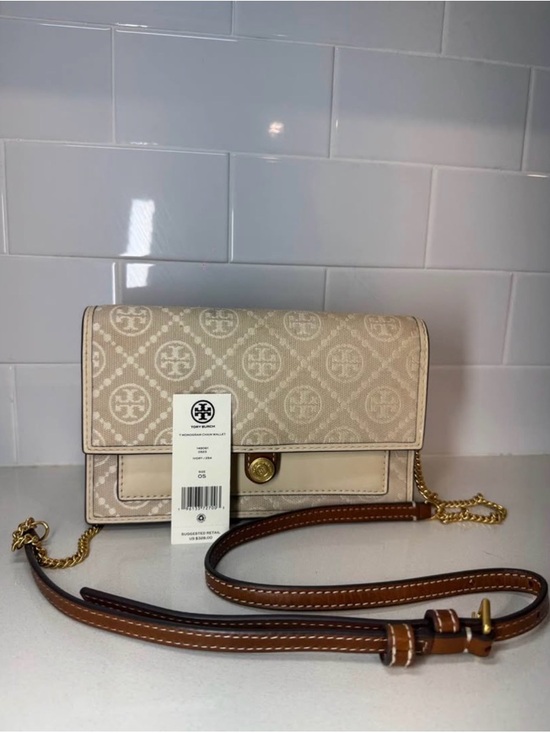 Tory Burch Handbags - Tory Burch Beige Logo-Pattern Flap Crossbody with Brown Strap